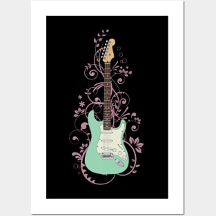 Surf Green S-Style Electric Guitar Flowering Vines Posters and Art